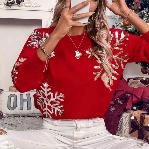 Snowflake Pattern Long Sleeve Sweater, Casual Christmas - Picture 1 of 5